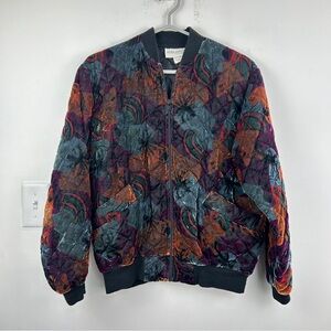 Vintage Velvet Floral Abstract Print Quilted Bomber Jacket